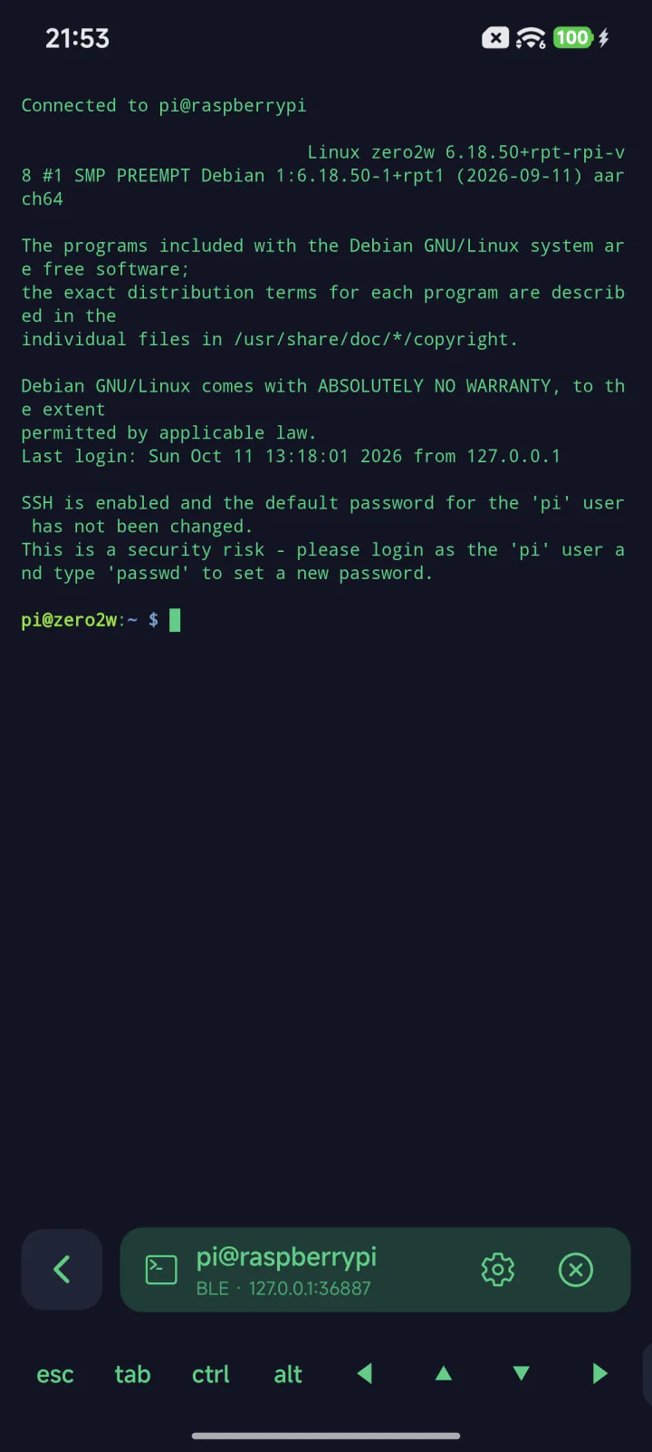 PiSugar BLE SSH terminal screen